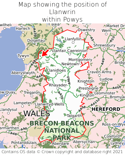 Map showing location of Llanwrin within Powys