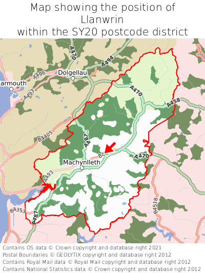Map showing location of Llanwrin within SY20