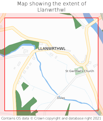 Map showing extent of Llanwrthwl as bounding box