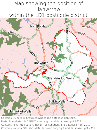 Map showing location of Llanwrthwl within LD1