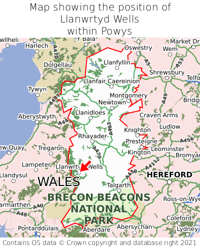 Map showing location of Llanwrtyd Wells within Powys
