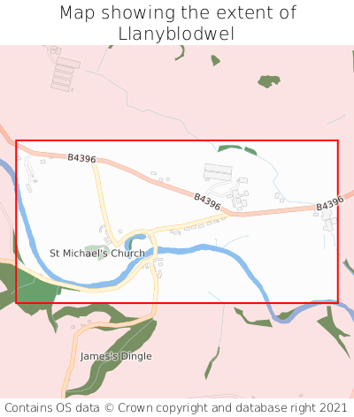 Map showing extent of Llanyblodwel as bounding box