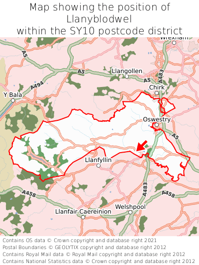 Map showing location of Llanyblodwel within SY10