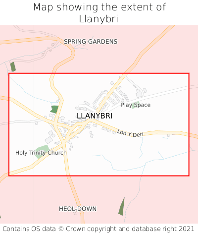Map showing extent of Llanybri as bounding box