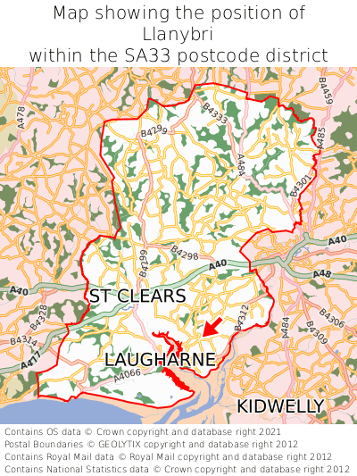 Map showing location of Llanybri within SA33
