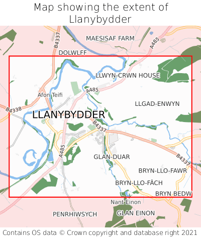 Map showing extent of Llanybydder as bounding box