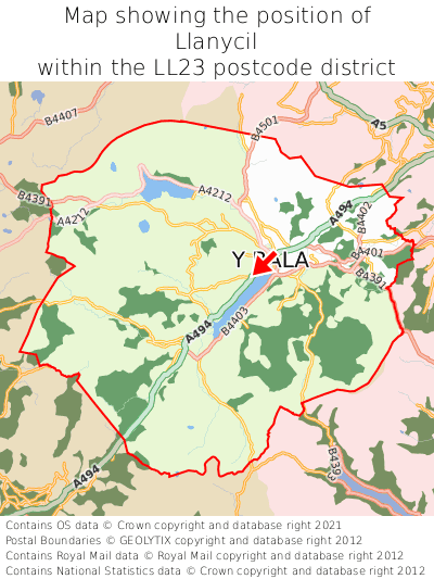 Map showing location of Llanycil within LL23