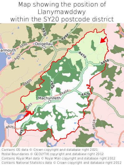 Map showing location of Llanymawddwy within SY20