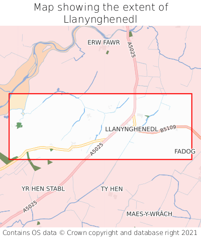 Map showing extent of Llanynghenedl as bounding box