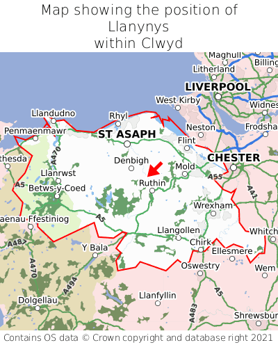 Map showing location of Llanynys within Clwyd