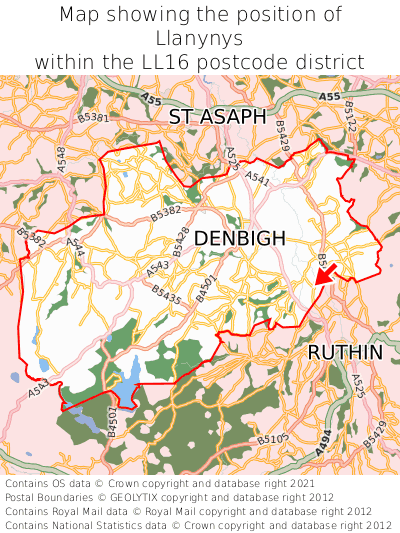 Map showing location of Llanynys within LL16