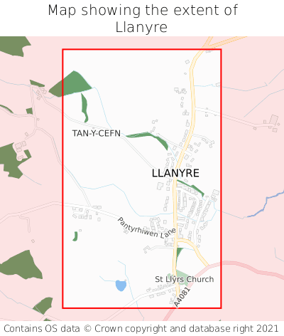 Map showing extent of Llanyre as bounding box