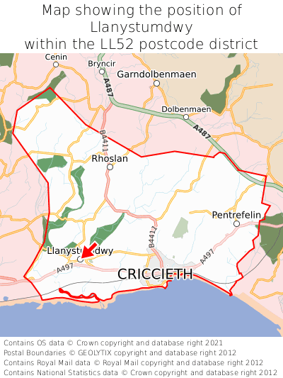 Map showing location of Llanystumdwy within LL52