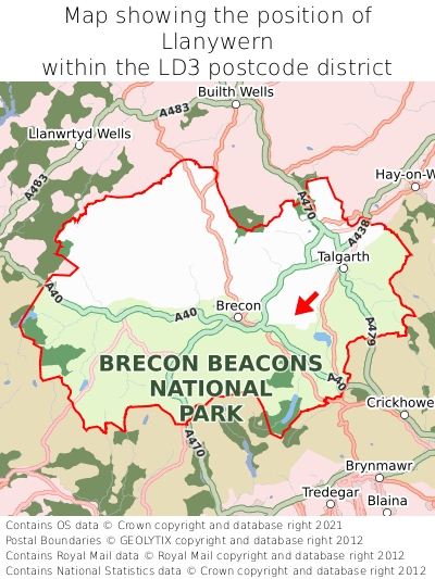 Map showing location of Llanywern within LD3