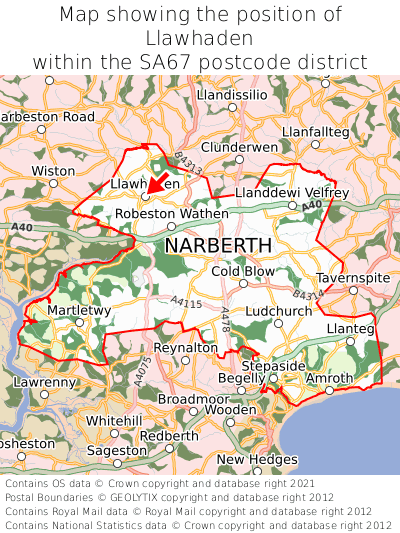 Map showing location of Llawhaden within SA67