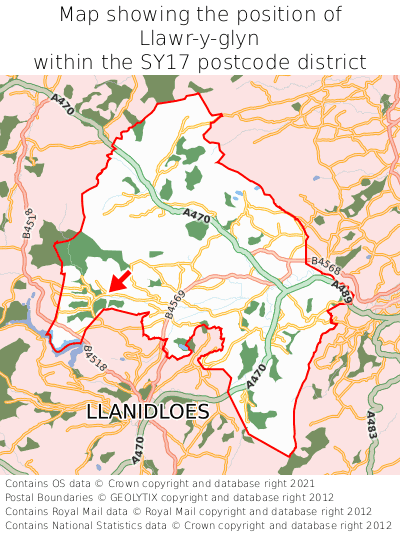 Map showing location of Llawr-y-glyn within SY17
