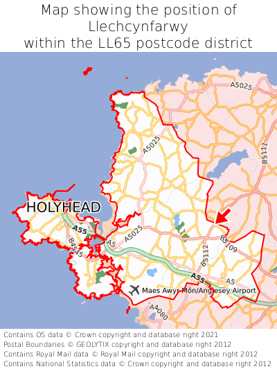Map showing location of Llechcynfarwy within LL65