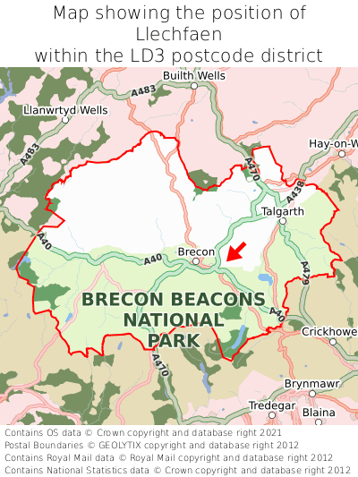 Map showing location of Llechfaen within LD3