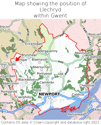 Map showing location of Llechryd within Gwent