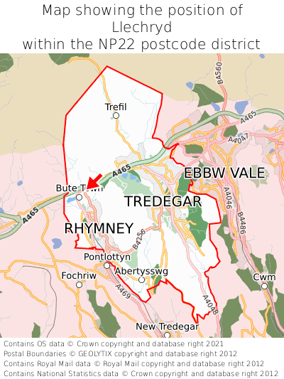 Map showing location of Llechryd within NP22