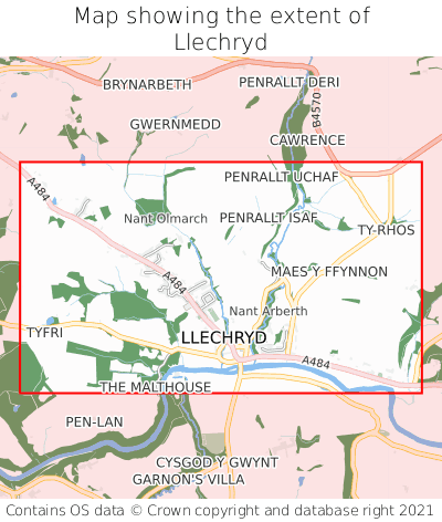 Map showing extent of Llechryd as bounding box