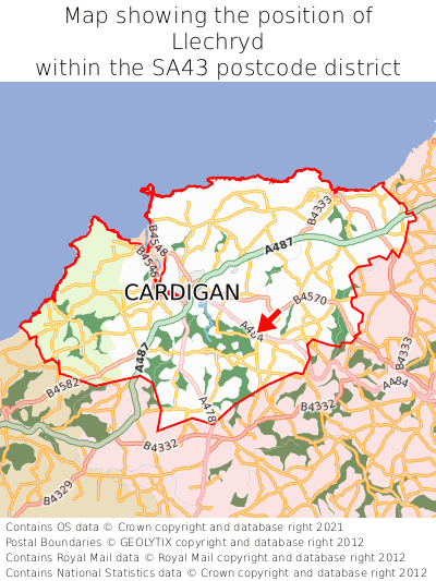 Map showing location of Llechryd within SA43