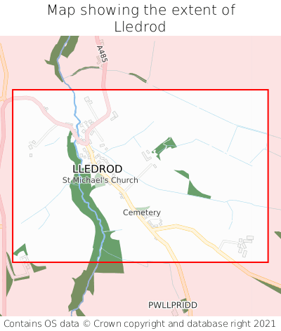 Map showing extent of Lledrod as bounding box
