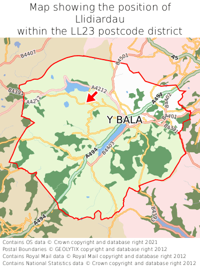 Map showing location of Llidiardau within LL23