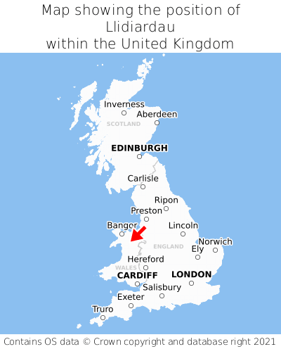 Map showing location of Llidiardau within the UK