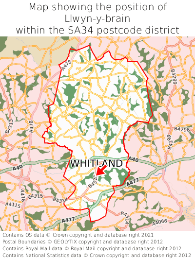 Map showing location of Llwyn-y-brain within SA34