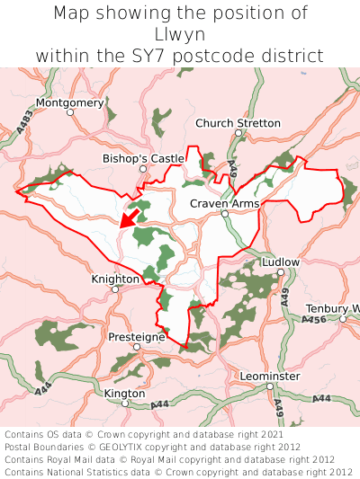 Map showing location of Llwyn within SY7