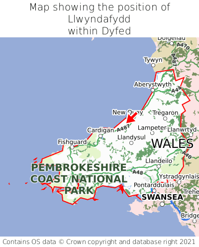 Map showing location of Llwyndafydd within Dyfed