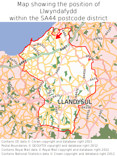 Map showing location of Llwyndafydd within SA44