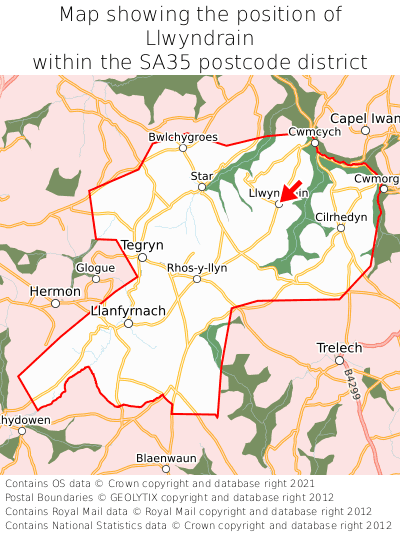 Map showing location of Llwyndrain within SA35