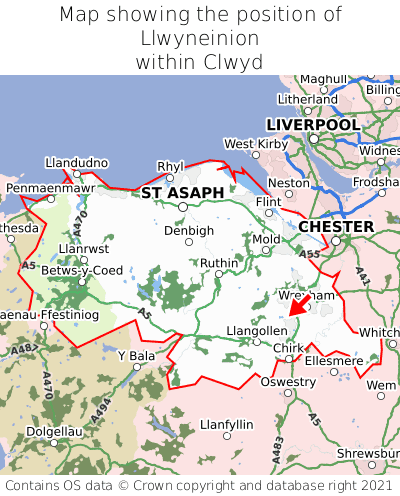 Map showing location of Llwyneinion within Clwyd