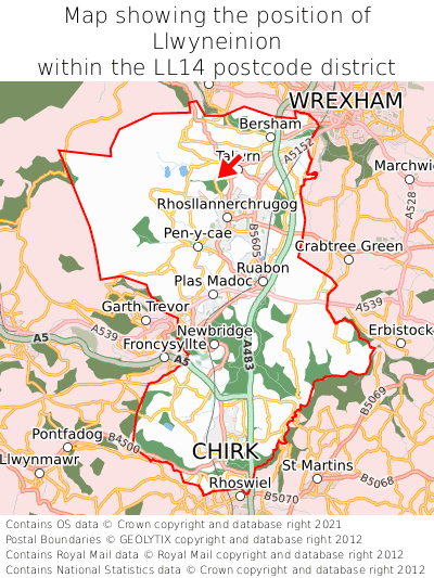 Map showing location of Llwyneinion within LL14