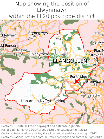 Map showing location of Llwynmawr within LL20
