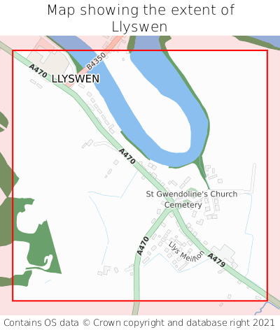 Map showing extent of Llyswen as bounding box