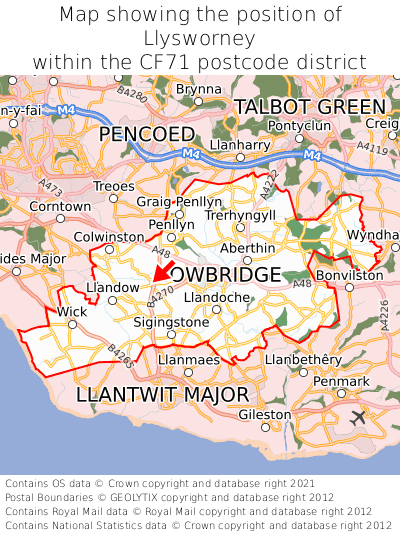 Map showing location of Llysworney within CF71