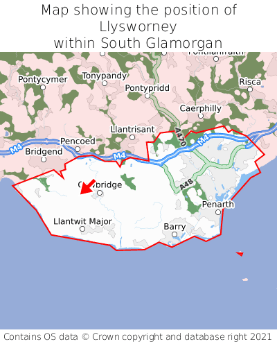 Map showing location of Llysworney within South Glamorgan
