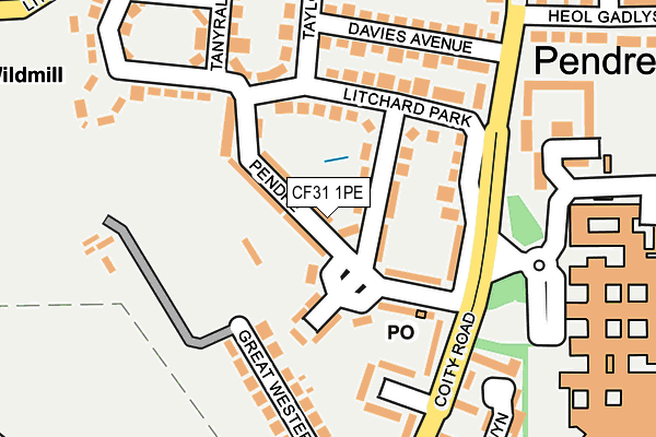 CF31 1PE map - OS OpenMap – Local (Ordnance Survey) CF31 1PE map - OS OpenMap – Local (Ordnance Survey)