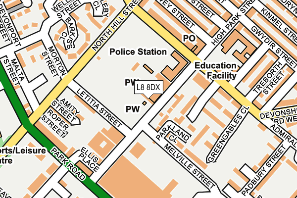 L8 8DX map - OS OpenMap – Local (Ordnance Survey) L8 8DX map - OS OpenMap – Local (Ordnance Survey)