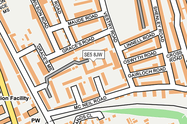 SE5 8JW map - OS OpenMap – Local (Ordnance Survey) SE5 8JW map - OS OpenMap – Local (Ordnance Survey)