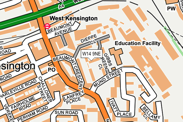W14 9NE map - OS OpenMap – Local (Ordnance Survey) W14 9NE map - OS OpenMap – Local (Ordnance Survey)