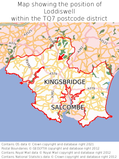 Map showing location of Loddiswell within TQ7