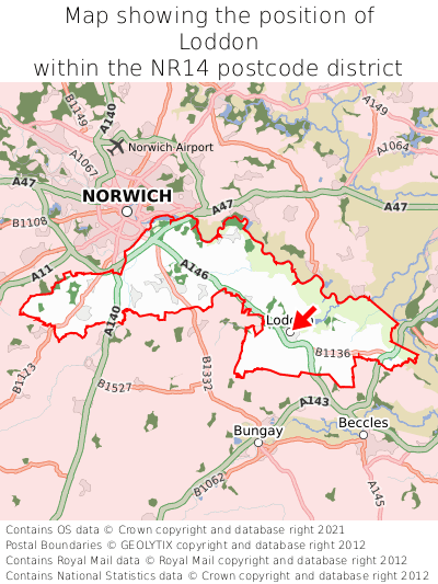 Map showing location of Loddon within NR14