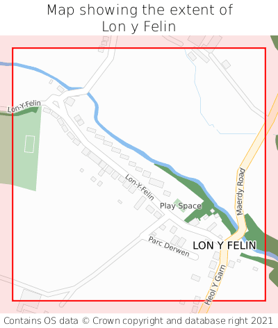 Map showing extent of Lon y Felin as bounding box