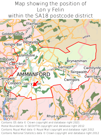 Map showing location of Lon y Felin within SA18