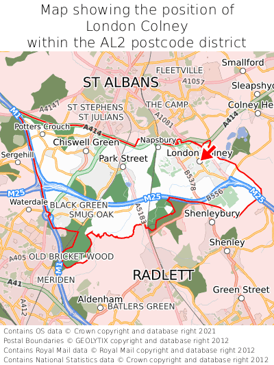 Map showing location of London Colney within AL2