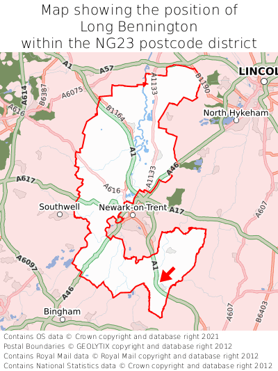 Map showing location of Long Bennington within NG23